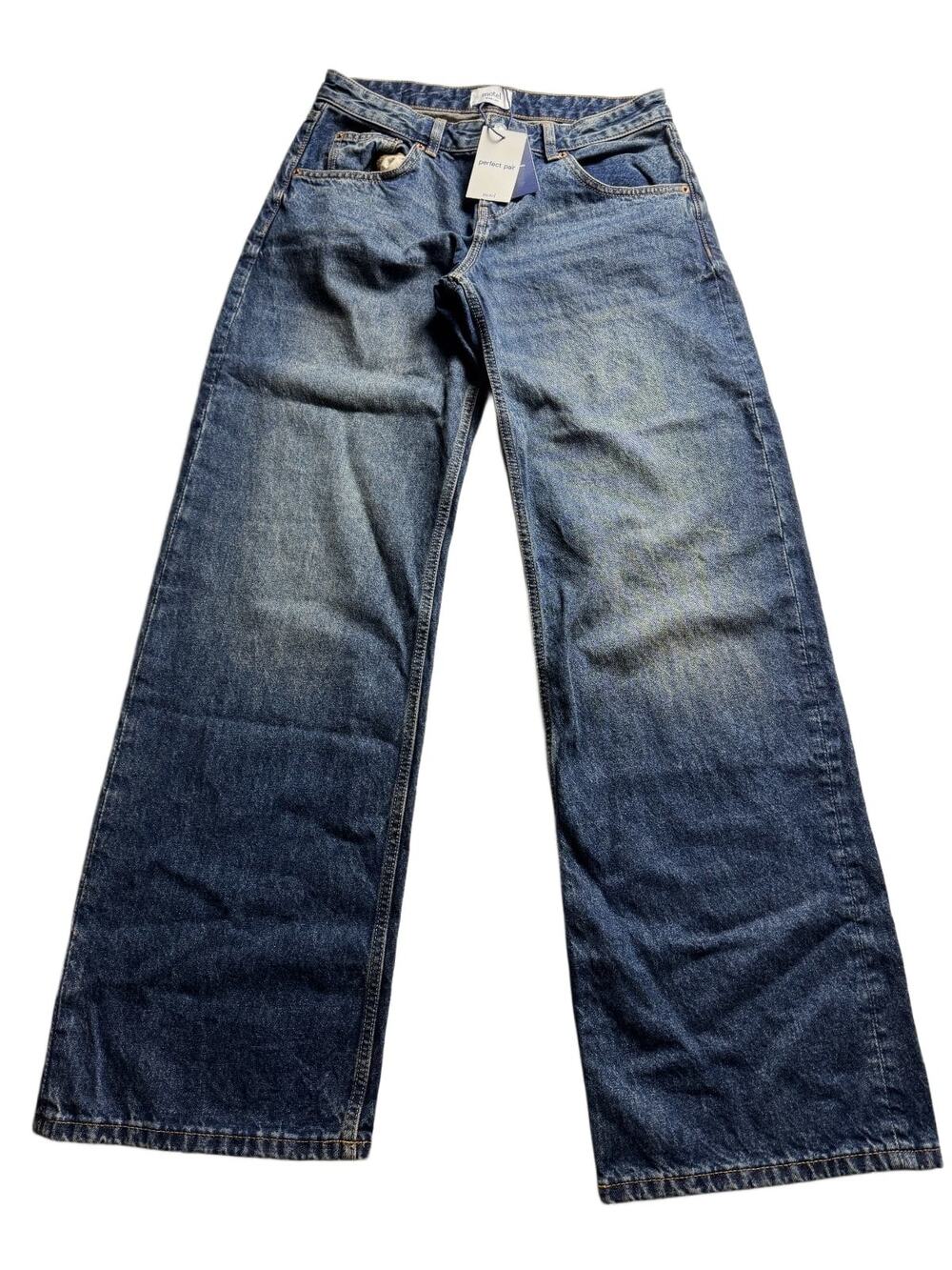 Motel Rocks Low Rise Parallel Jean Steel Blue W28 L34 Womens Wide Leg Denim NWT